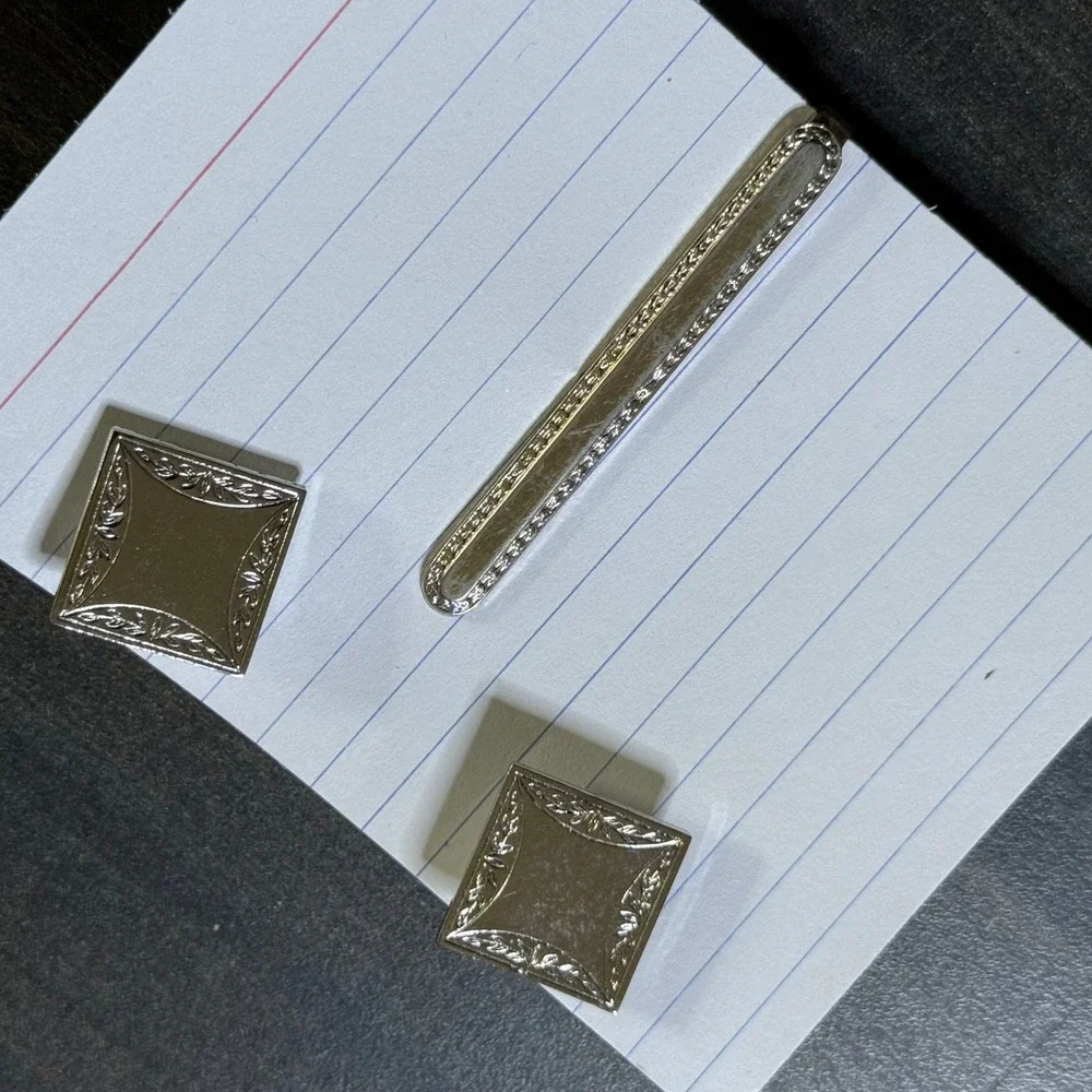 Vintage Cufflinks Tie Clip‎ Set Silver Tone Square Design Elegant Formal